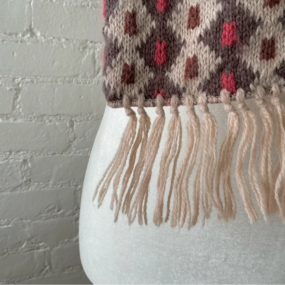 Winters Dream Soft Knit Scarf Fair Isle Print Double Weave Fringe Boho Chic